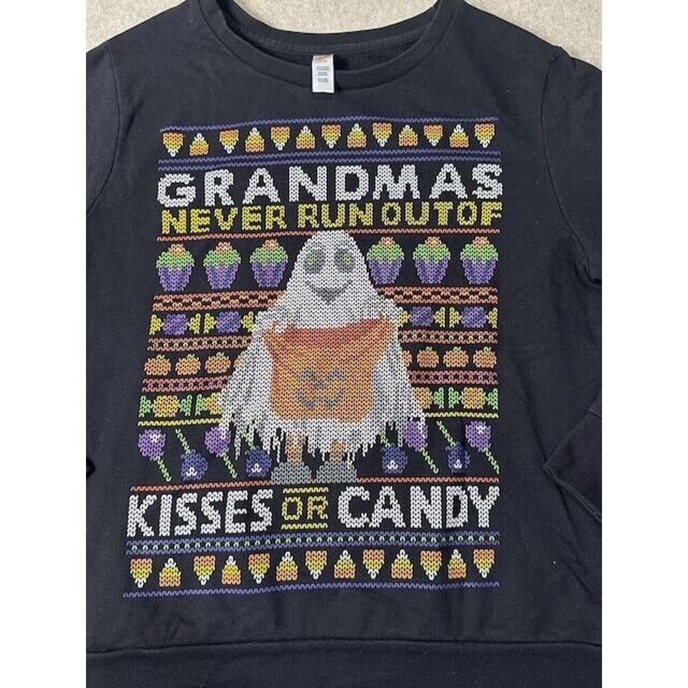 Black Halloween Sweatshirt Grandmas Never Run Out of Kisses or Candy Womens L